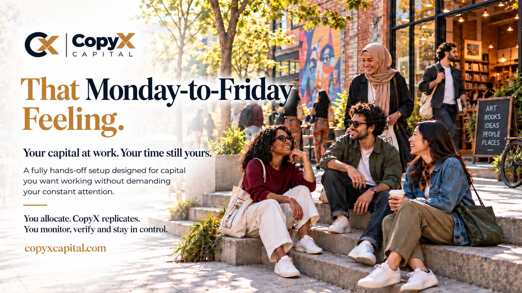 That Monday-to-Friday Feeling. Your capital at work. Your time still yours. You allocate. CopyX replicates. You monitor, verify and stay in control. Friends talking and laughing together on sunlit city steps.